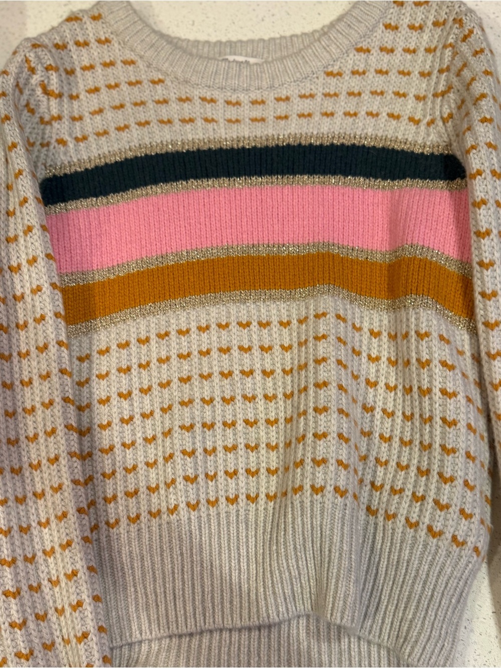 Madewell Cream Knit Sweater with Pink, Mustard & Dark Stripe